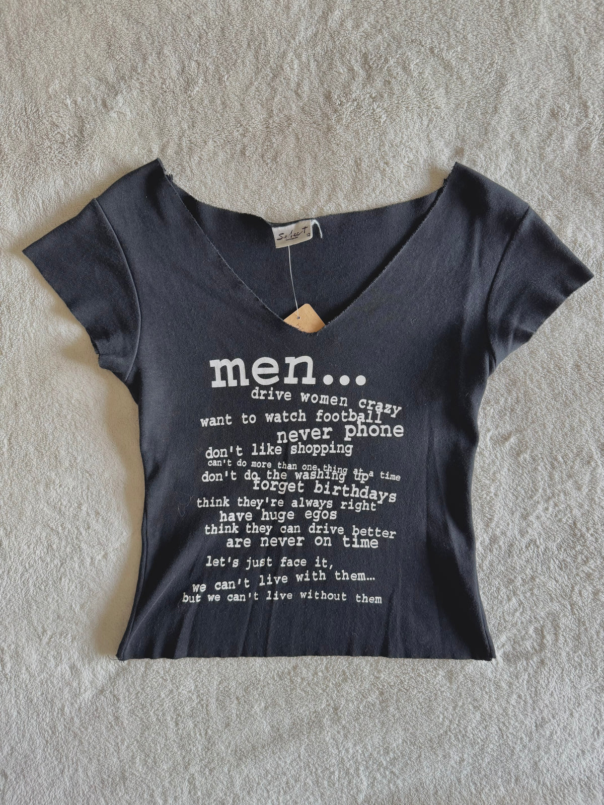 y2k vintage “men drive women crazy” graphic cropped and fitted vneck shirt
