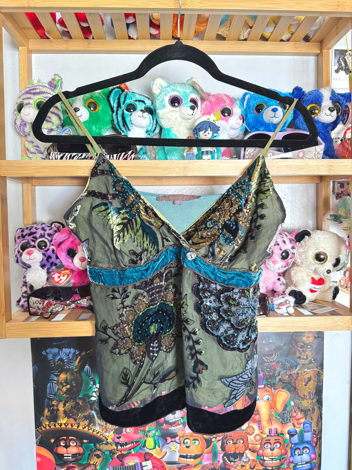 y2k vintage silk forest green beaded velvet camisole top earthy fairy