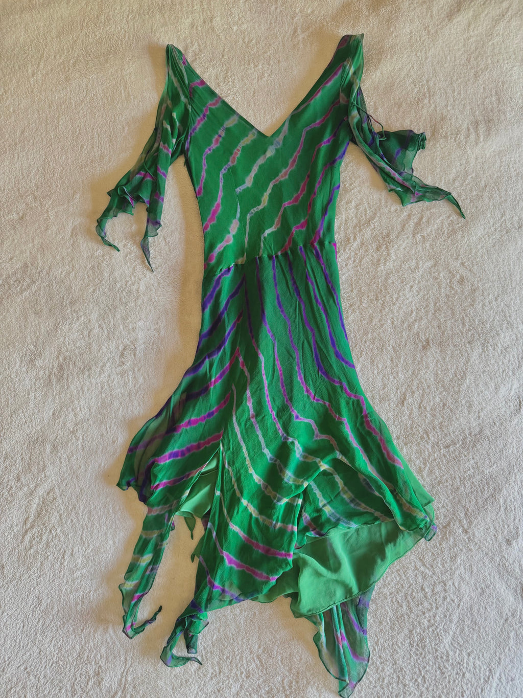 y2k vintage silk green flowy midaxi length dress with multicoloured embroidered details