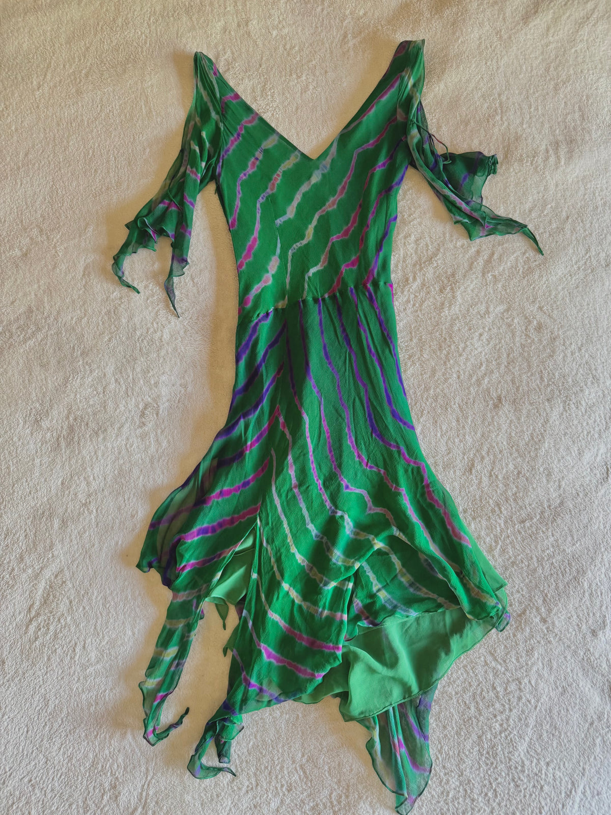 y2k vintage silk green flowy midaxi length dress with multicoloured embroidered details