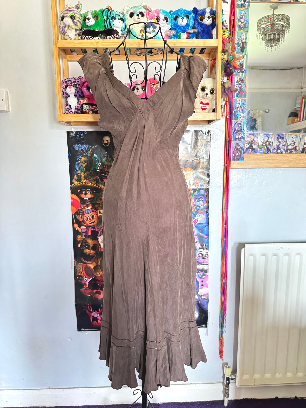 y2k vintage chocolate brown and turquoise blue silk fitted beaded shell midi dress
