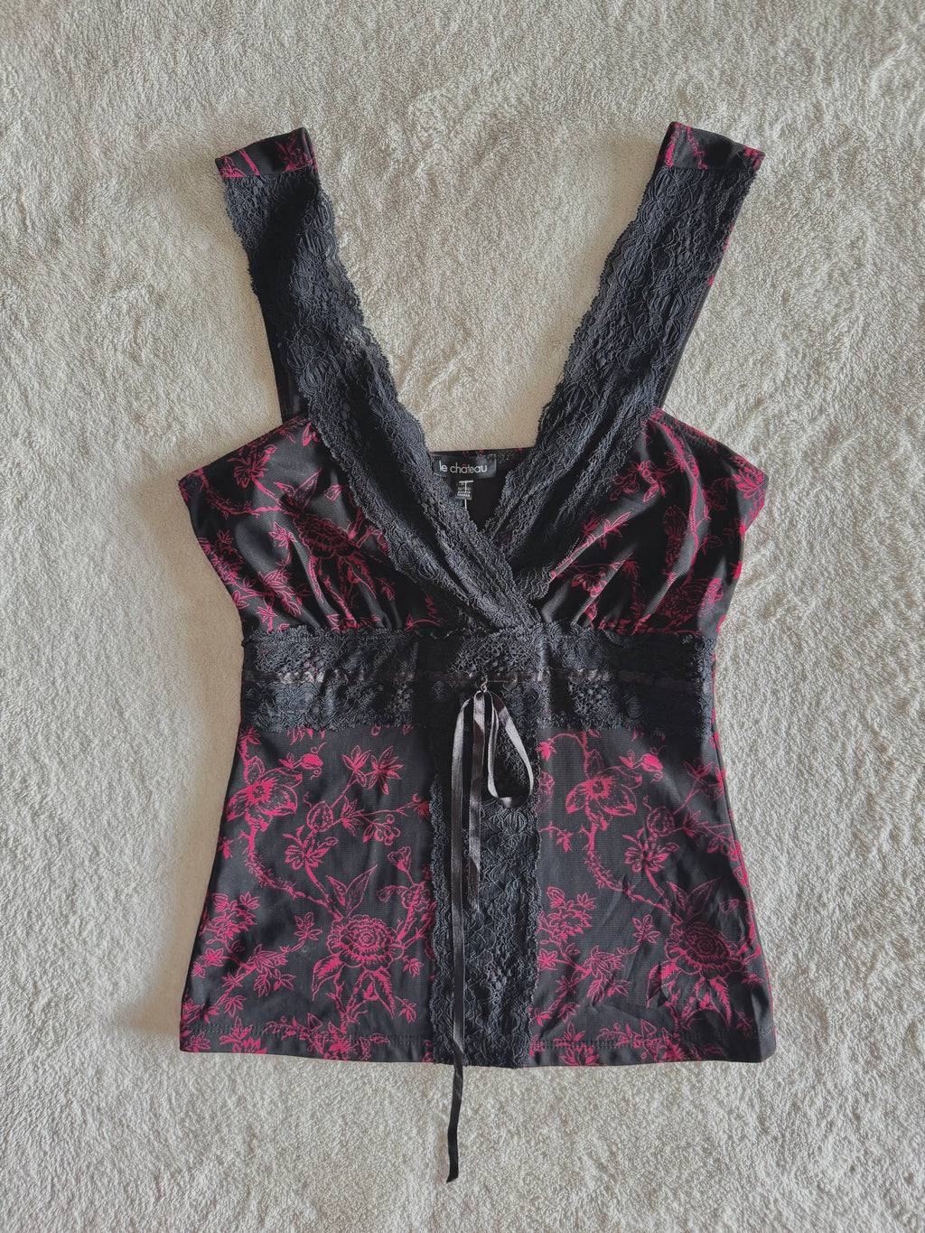 y2k vintage black and pink floral lace trim cami top gothic