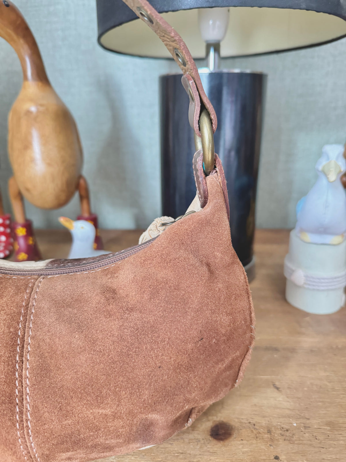 y2k vintage real suede patchwork boho mini bag