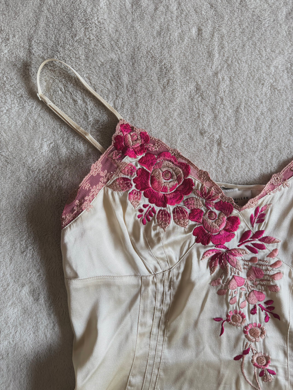 y2k vintage silk ivory white fitted cami top with pink floral embroidery
