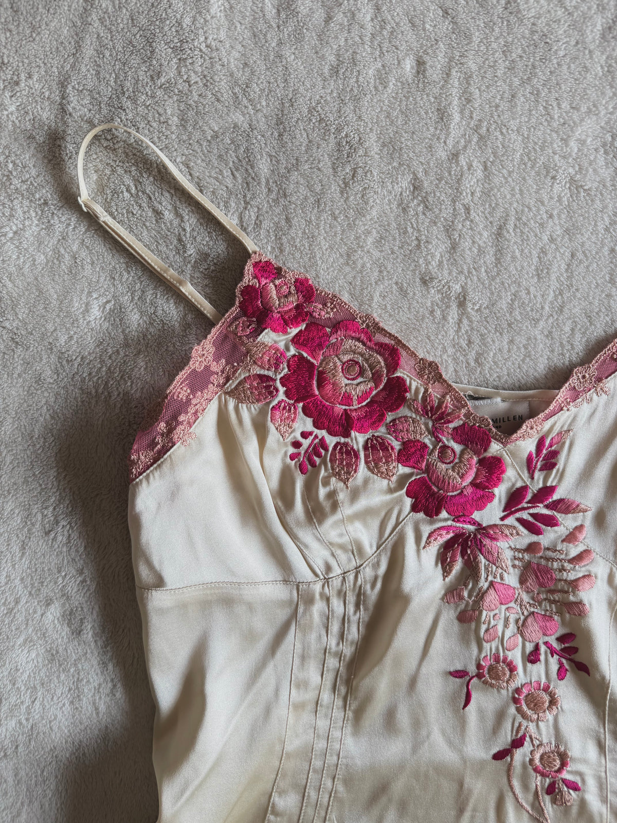 y2k vintage silk ivory white fitted cami top with pink floral embroidery