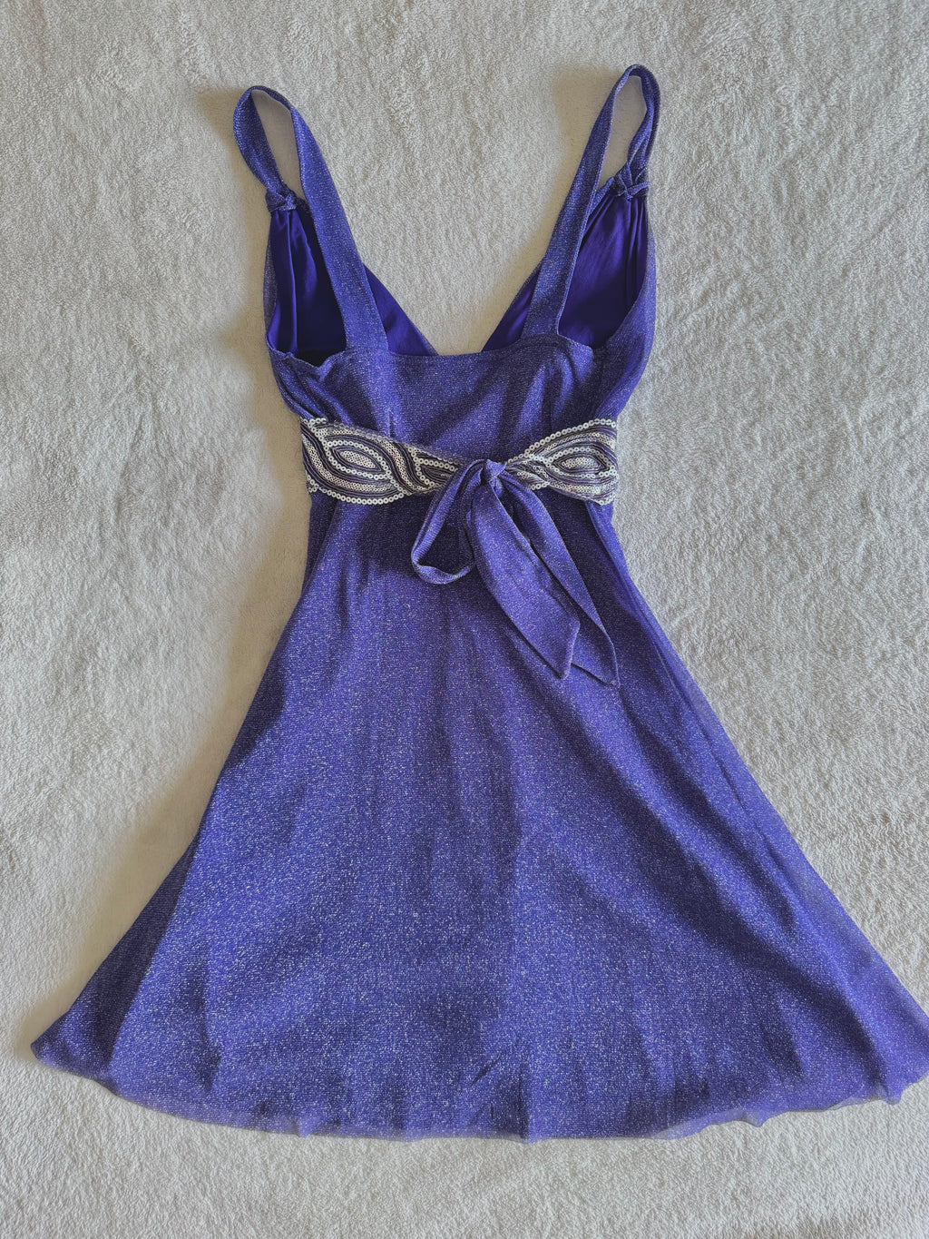 y2k vintage purple shimmery tie back sequin mesh mini dress