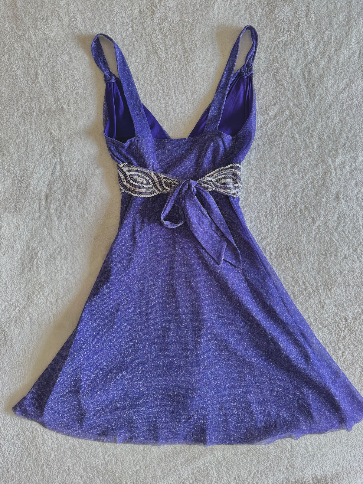 y2k vintage purple shimmery tie back sequin mesh mini dress