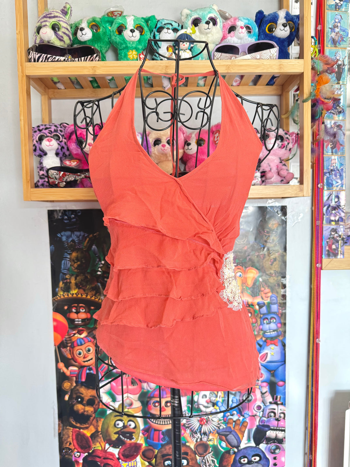y2k vintage coral pink silk halter cami top with asymmetrical hem and tiered ruffles