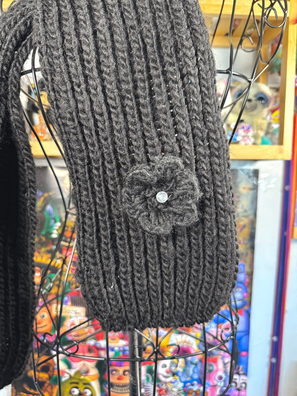 y2k vintage black knitted scarf with floral rhinestone detail