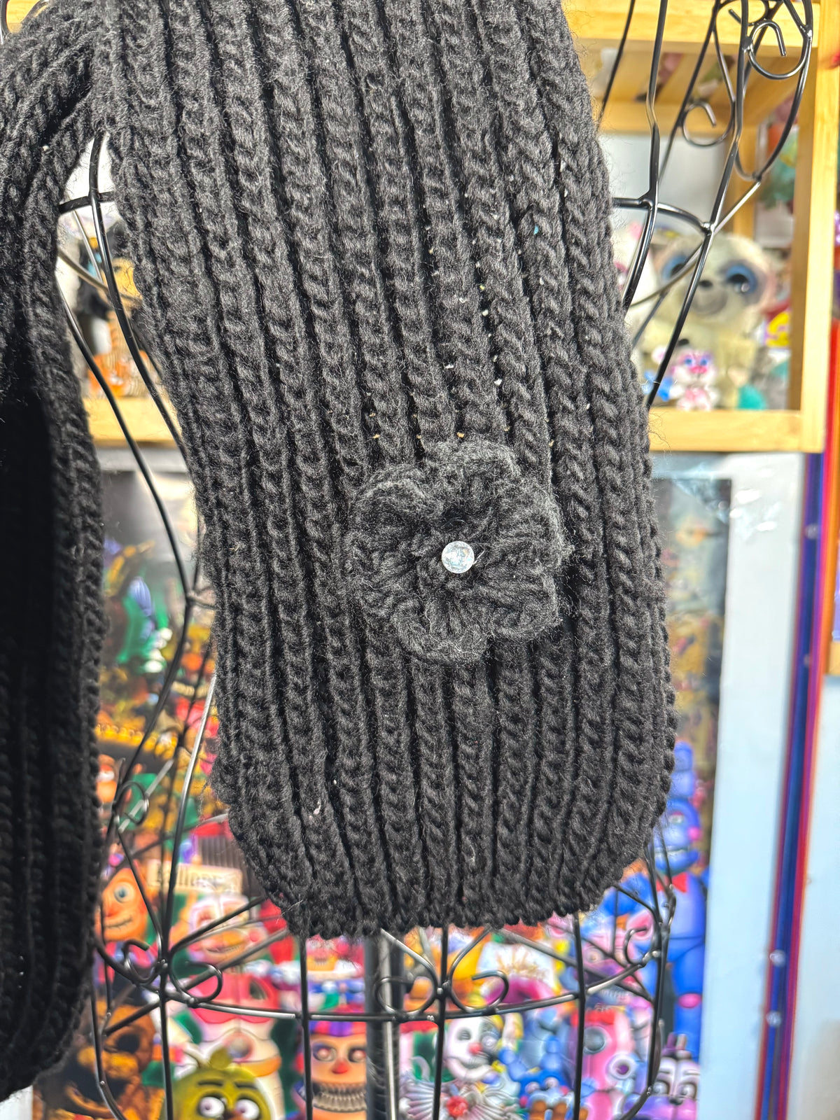 y2k vintage black knitted scarf with floral rhinestone detail