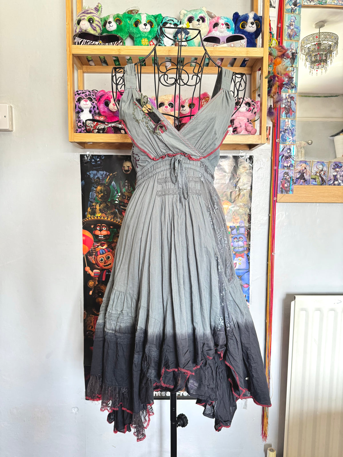 y2k vintage cotton ombre green/grey floaty layered midi dress fairycore