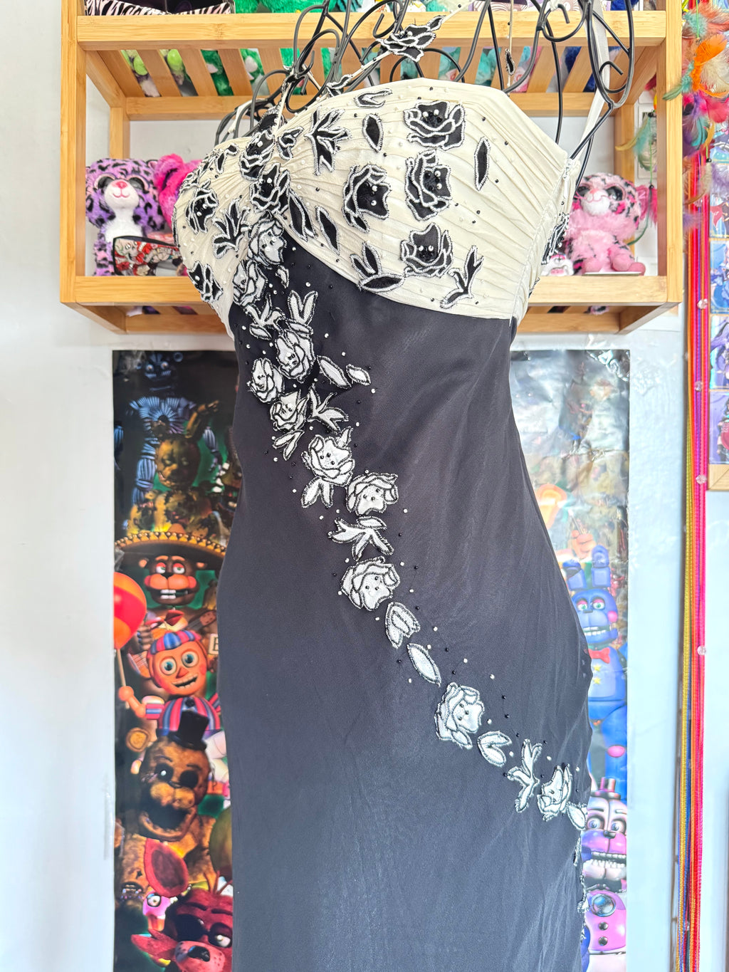 y2k vintage silk black and cream formal evening maxi dress with criss cross straps and beading