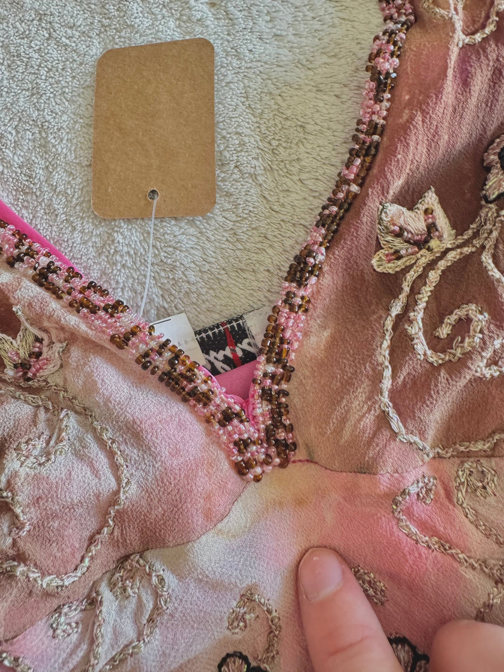 90’s vintage silk pink and brown beaded floral pattern halterneck mini dress fairycore