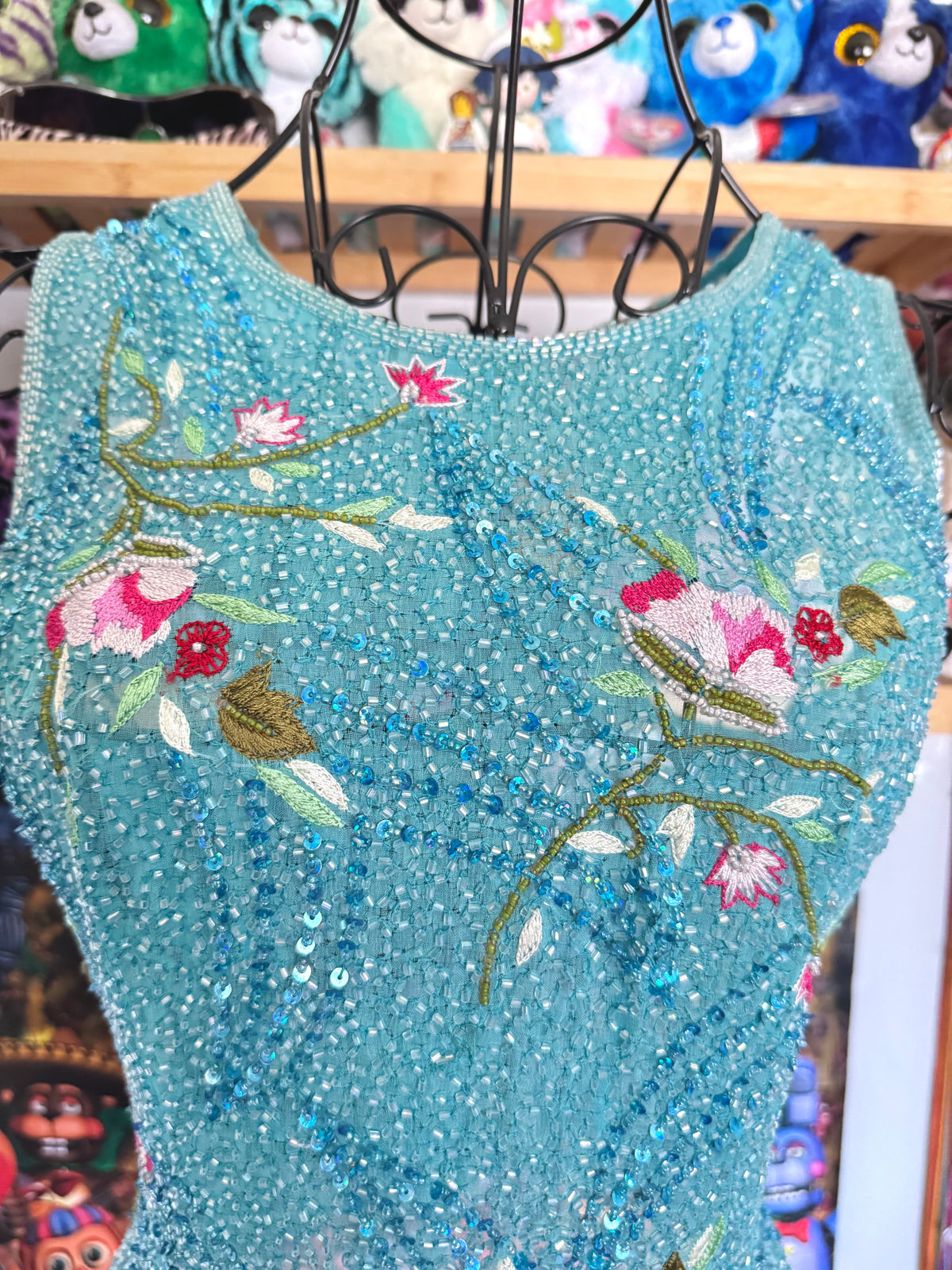 y2k vintage turquoise blue heavily beaded silk fitted vest top mermaid