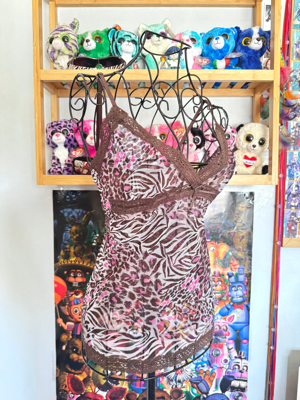 y2k vintage leopard and zebra print brown and hot pink sheer mesh cami top mcbling