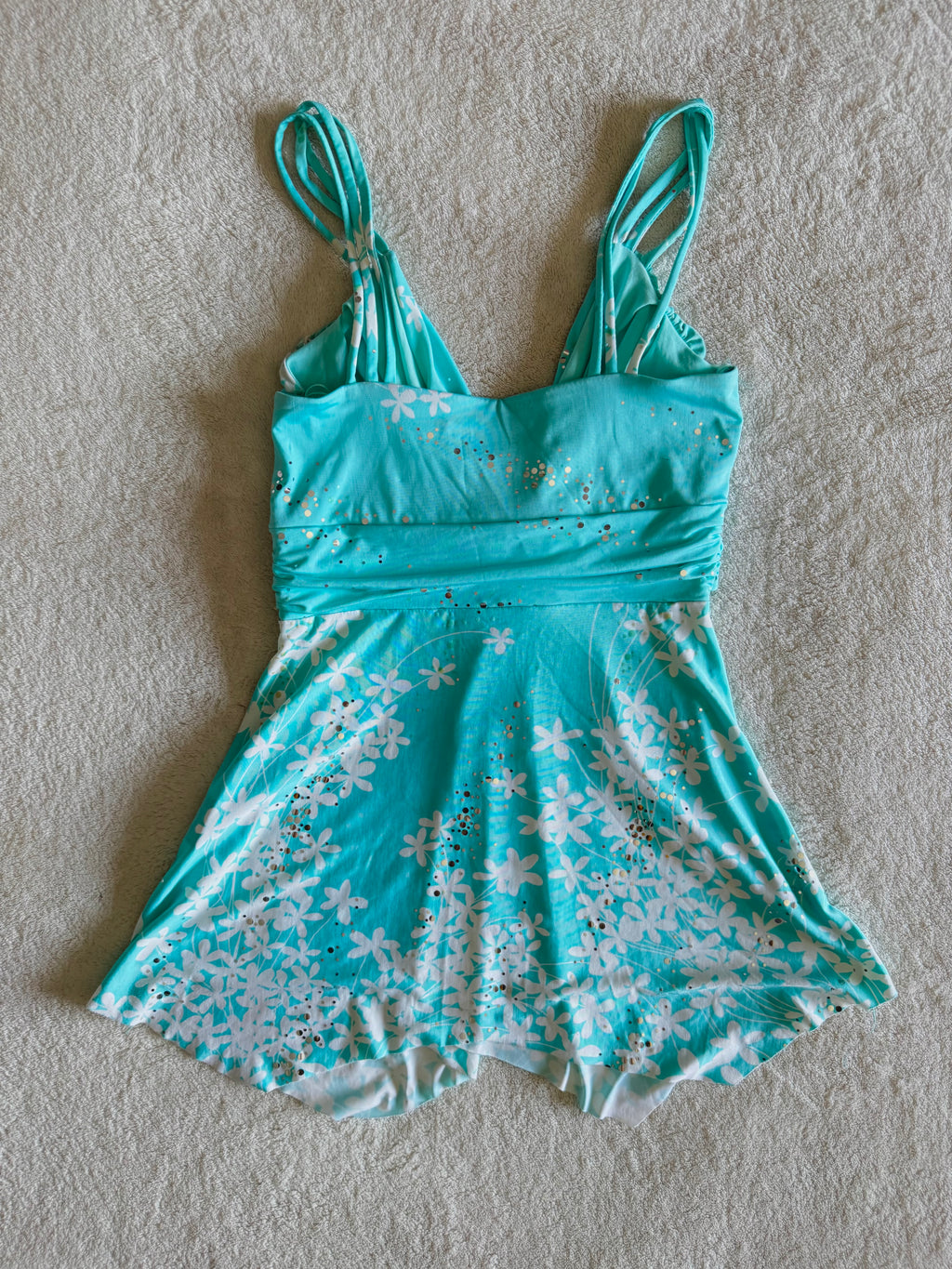 y2k vintage turquoise blue floral slinky fitted cami top with sequins