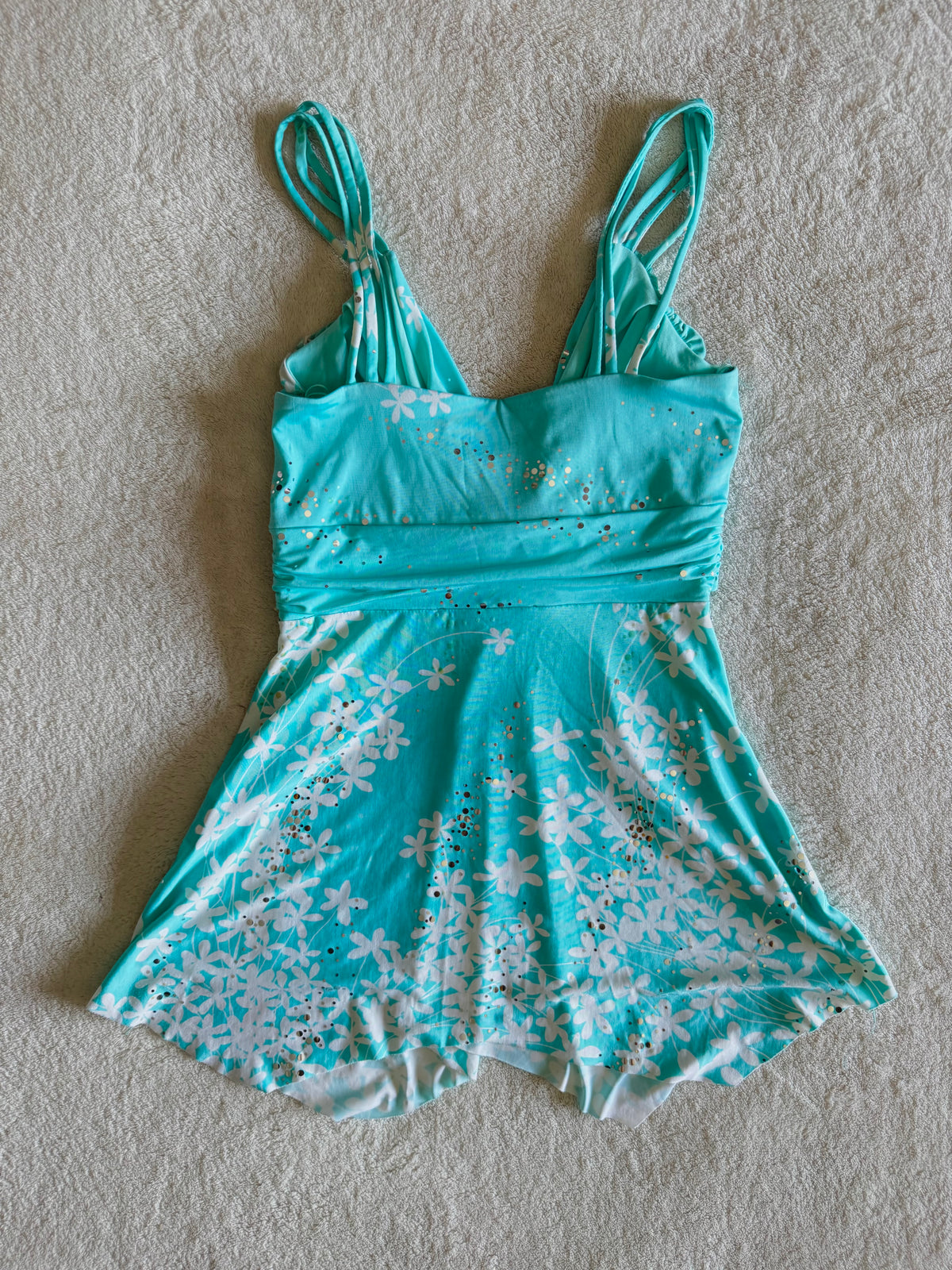 y2k vintage turquoise blue floral slinky fitted cami top with sequins