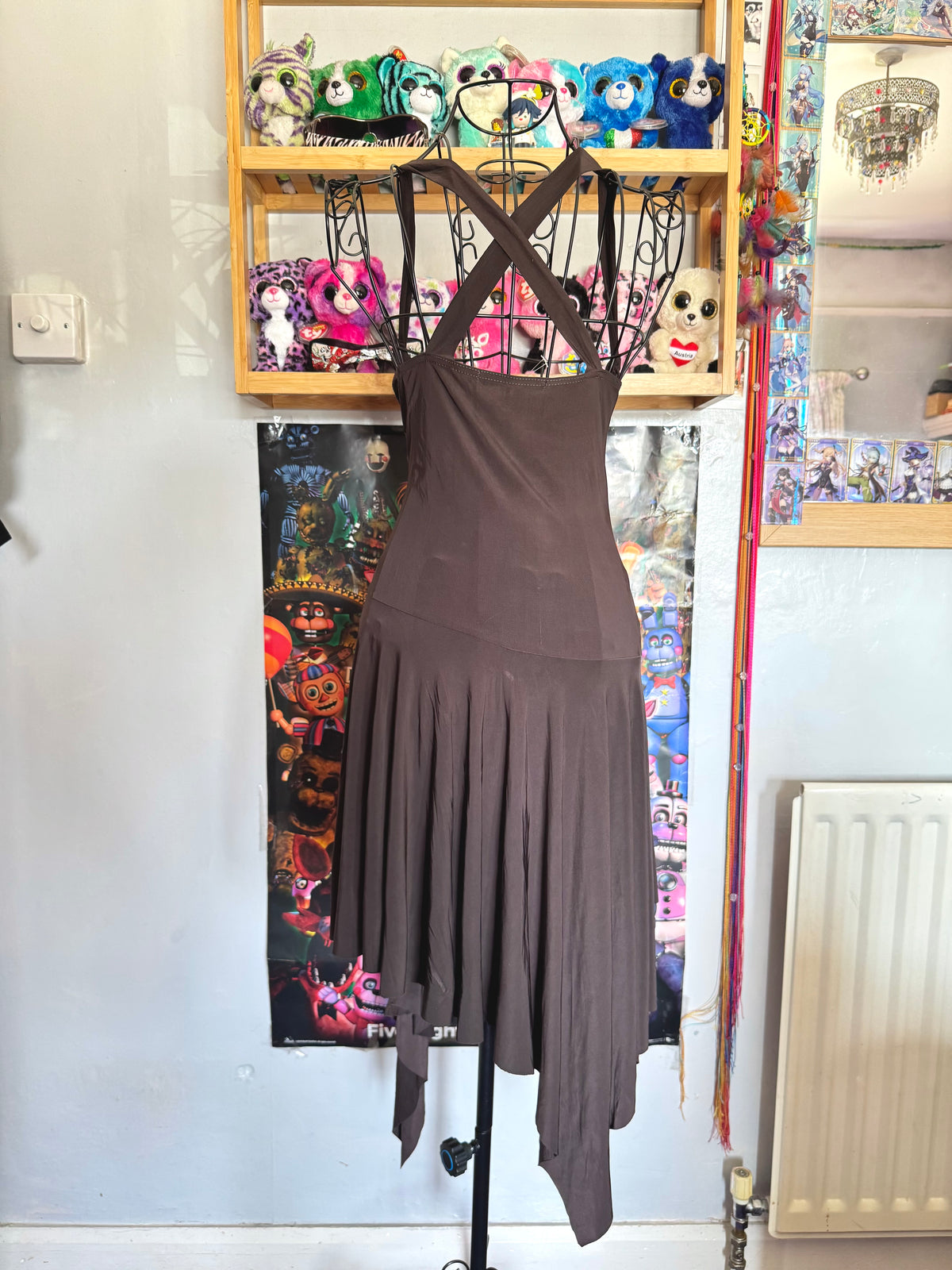 y2k vintage chocolate brown asymmetrical hem lace trim midi dress with crisscross back fairy