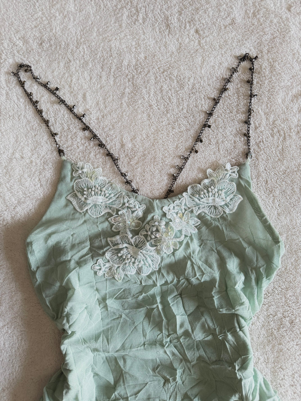 y2k vintage pale sage green mesh fitted cami top with lace trim and beaded chain straps