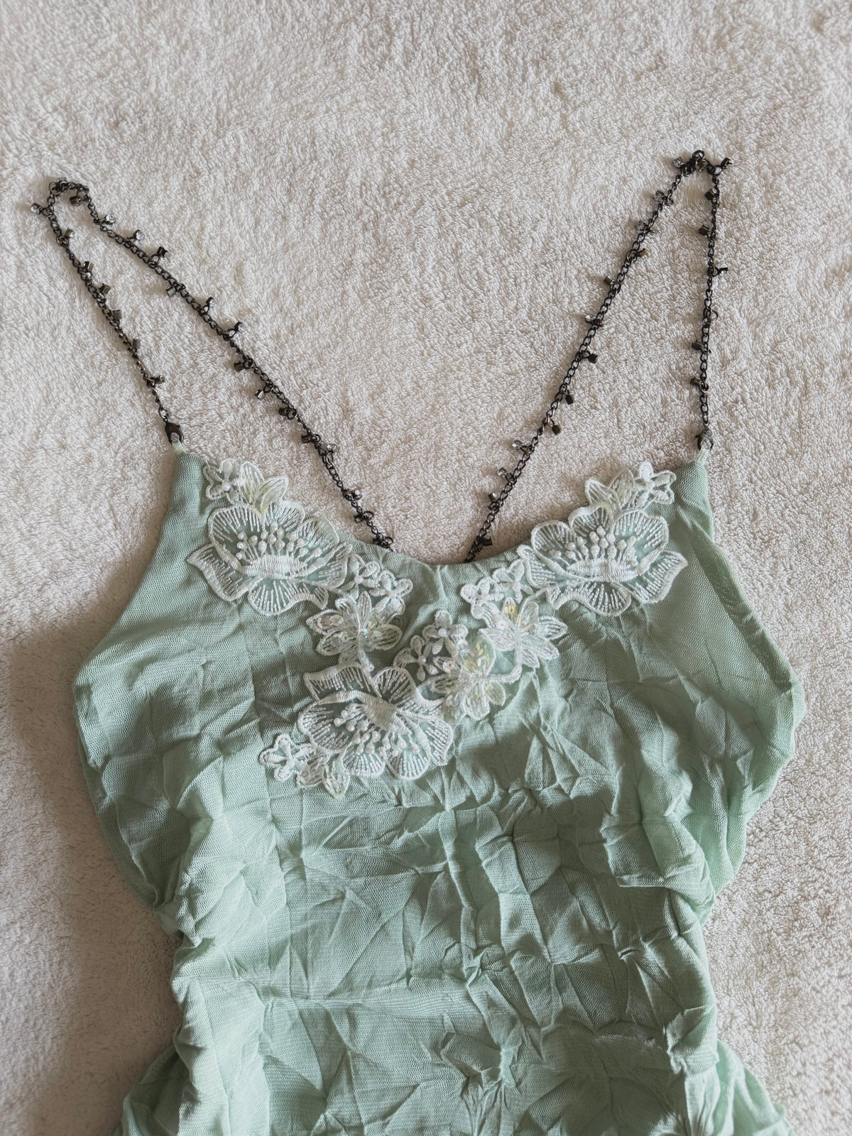 y2k vintage pale sage green mesh fitted cami top with lace trim and beaded chain straps