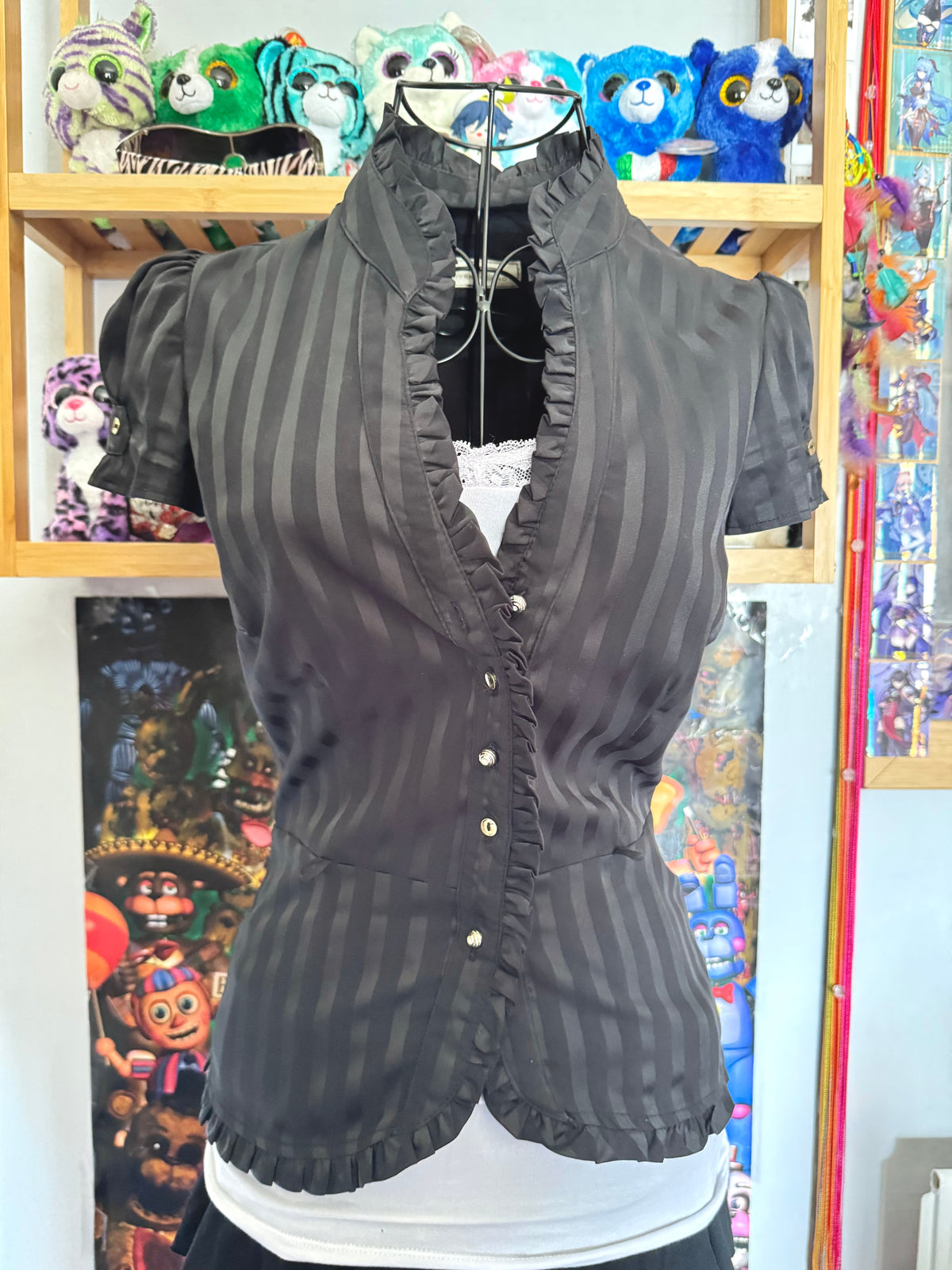 y2k vintage pinstripe fitted button up cap sleeve blouse officecore office siren