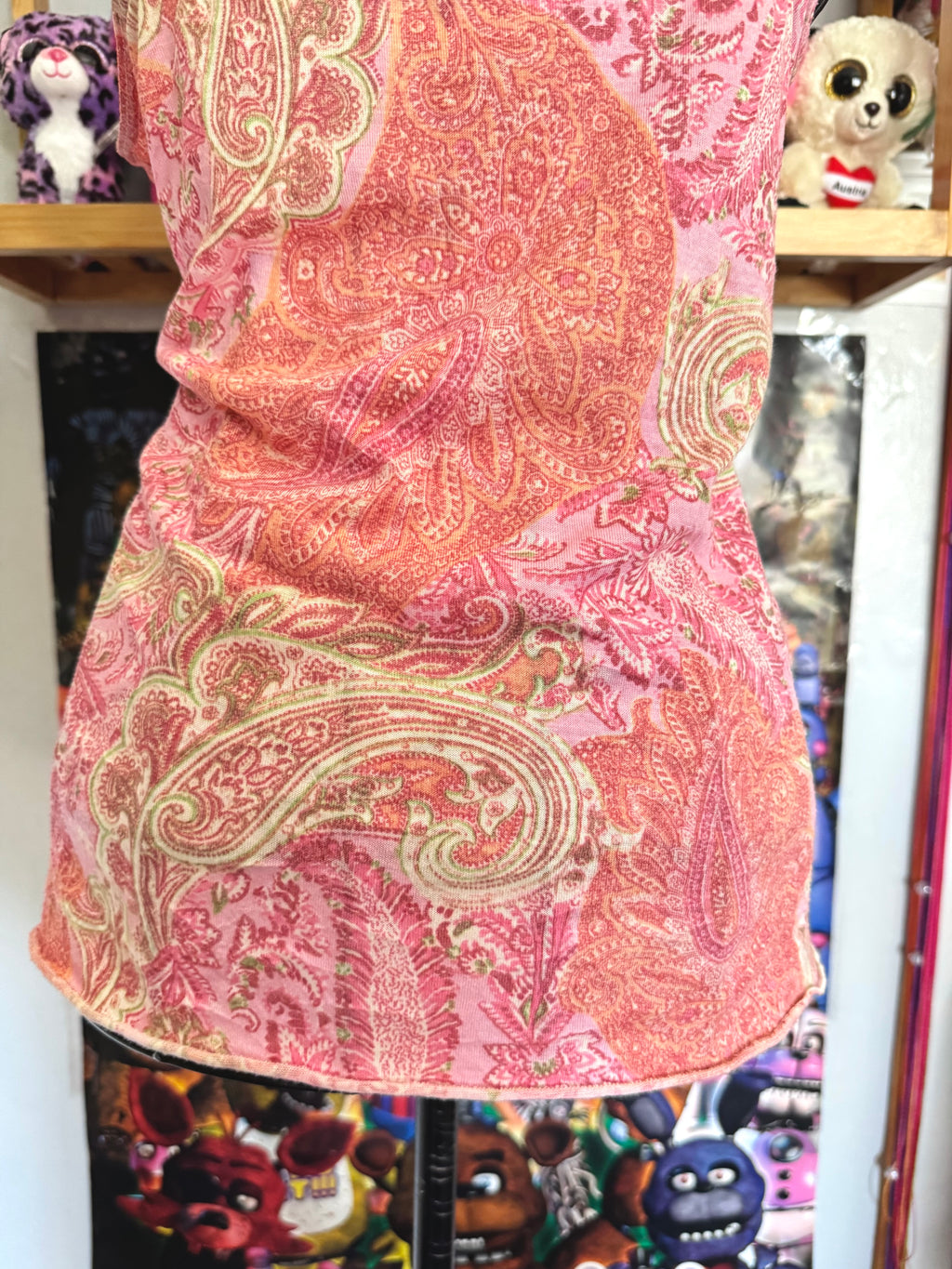 y2k vintage paisley print pink fitted cami top with sequins and lace trimmings