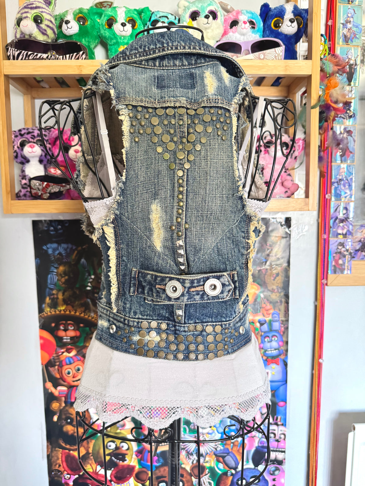 y2k vintage medium wash denim sleeveless waistcoat with studs and punk details
