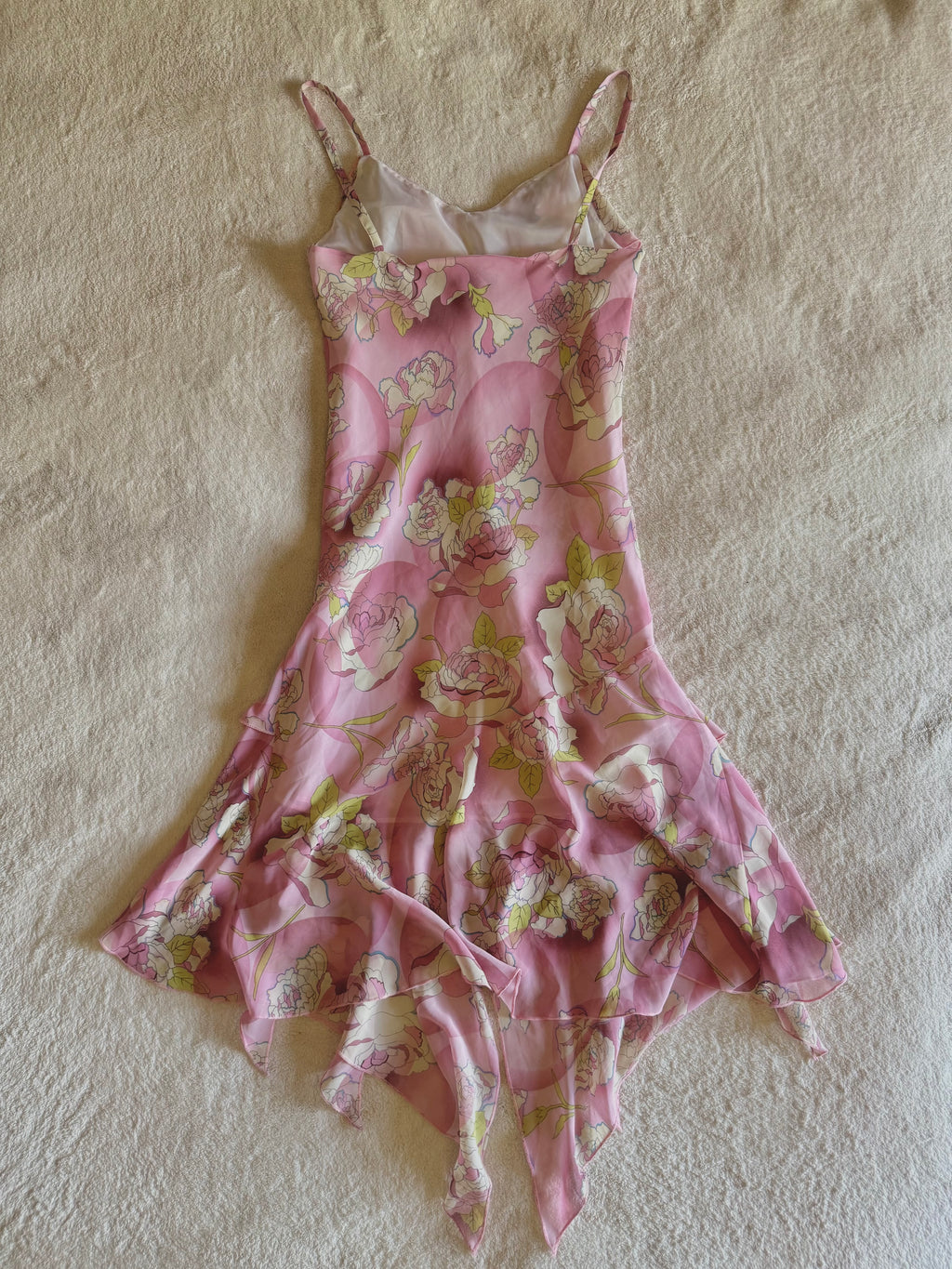 y2k vintage pink floral ruffled asymmetrical hem midi dress