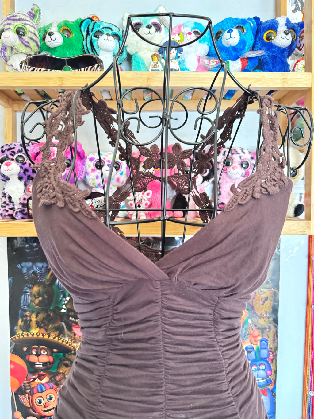 y2k vintage chocolate brown ruched fitted lace back cami top