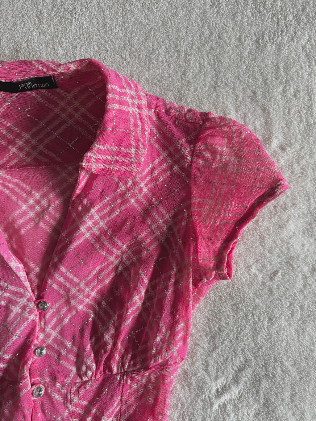 y2k vintage rare hot pink plaid glittery button up sheer blouse with lace up back mcbling