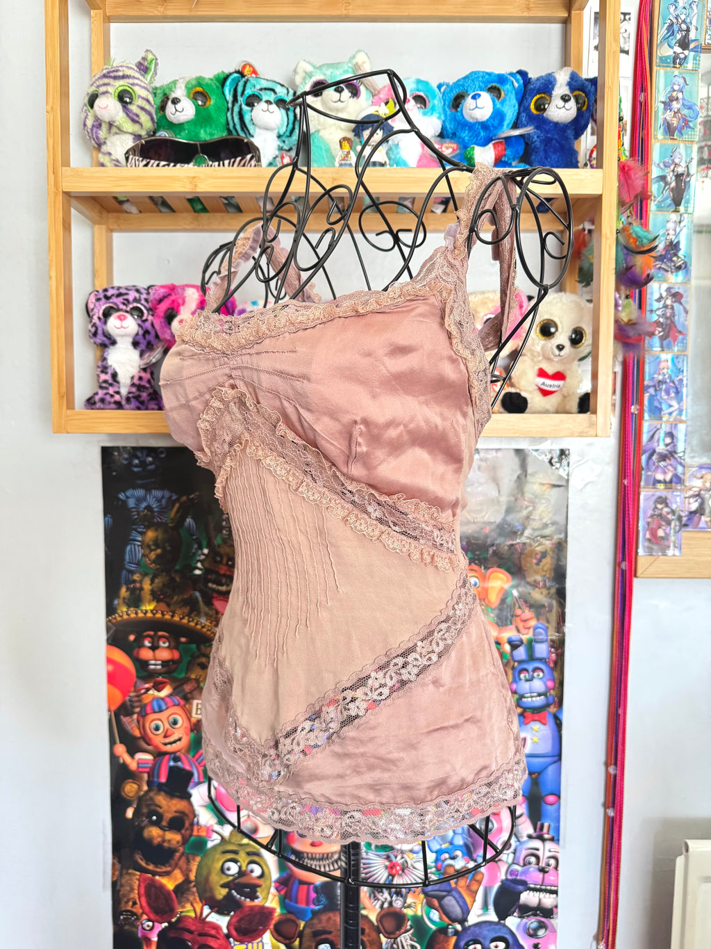 y2k vintage silk dusky pink fitted floral lace trim cami top