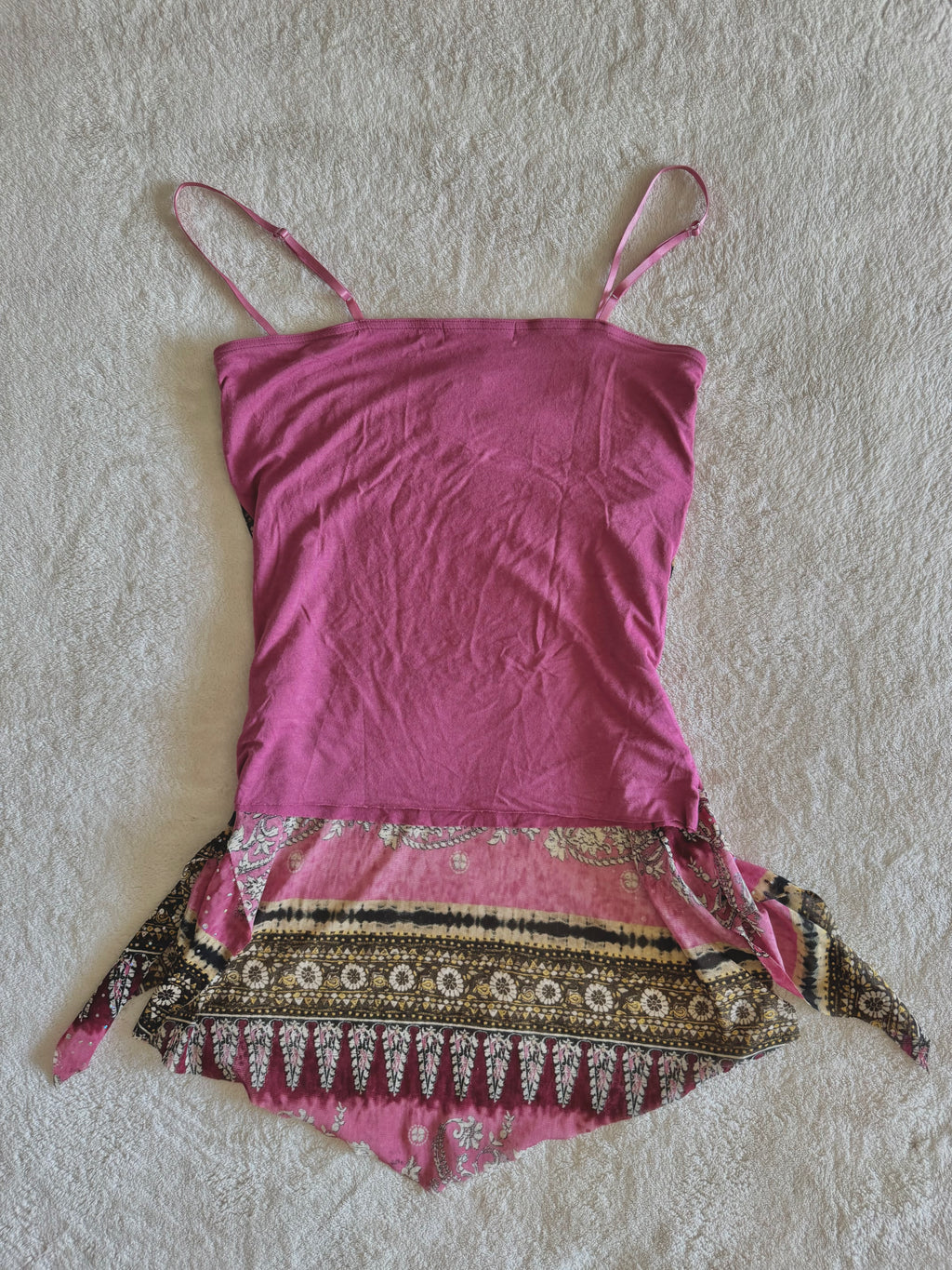 y2k vintage pink boho floaty babydoll ruched mesh cami top