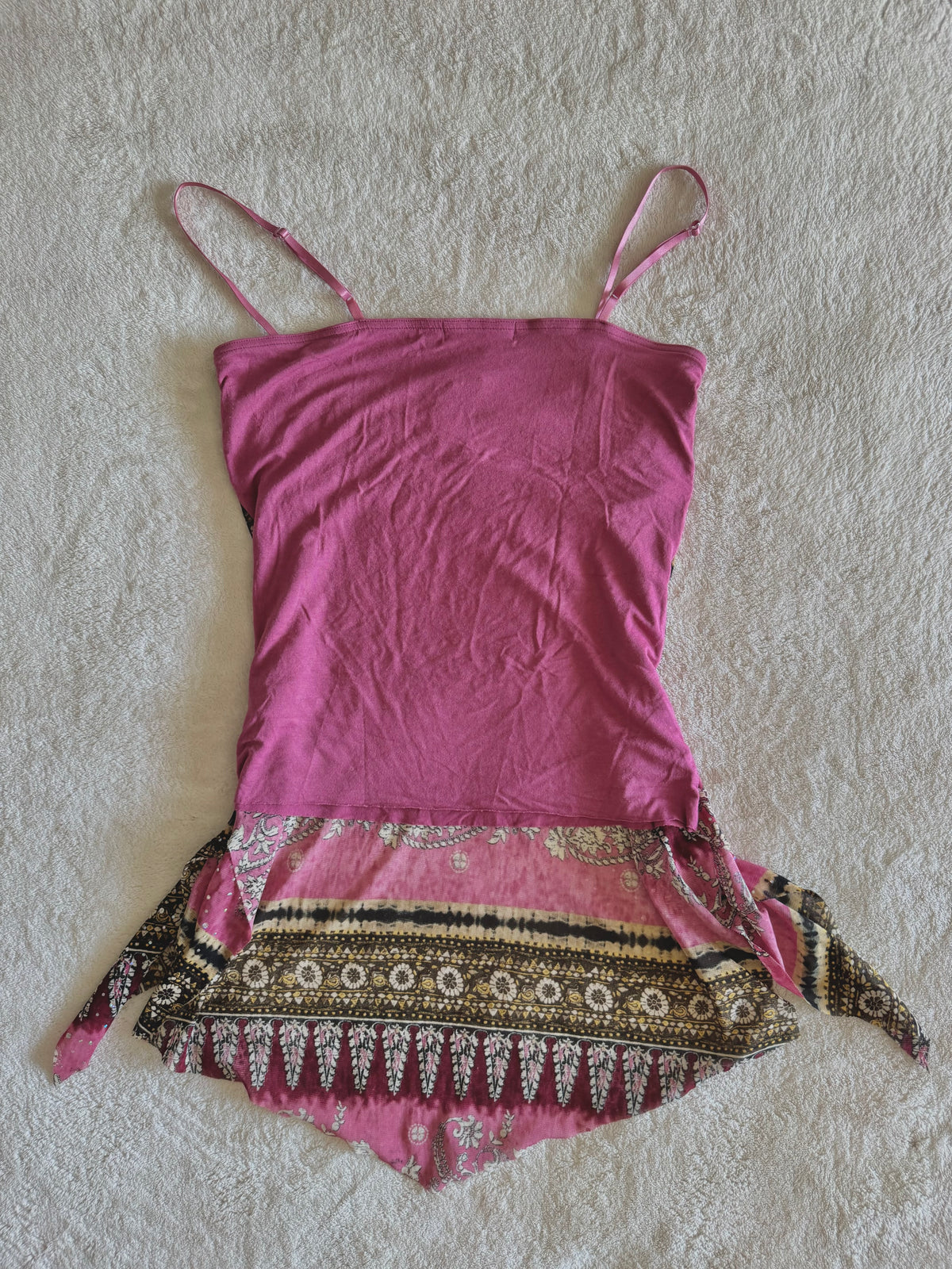 y2k vintage pink boho floaty babydoll ruched mesh cami top