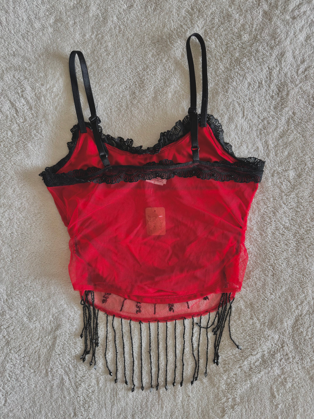 y2k vintage red fitted mesh cami top with black dangle beading and sequin embroidery