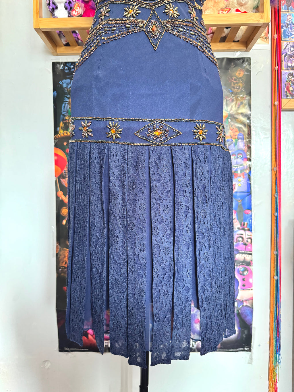 vintage 90’s royal navy blue silk dress gold and bronze beading embellishments astrology astronomy