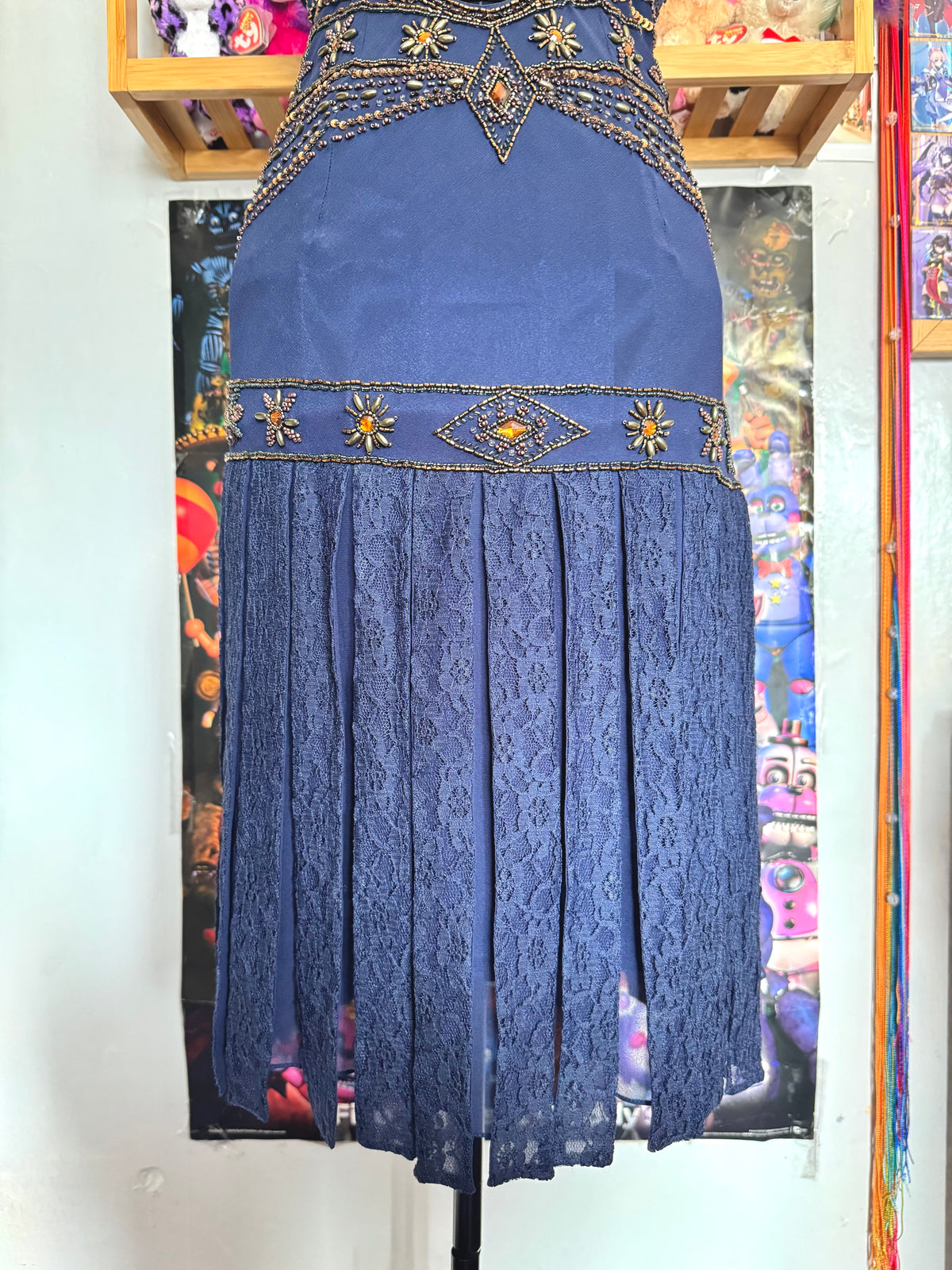 vintage 90’s royal navy blue silk dress gold and bronze beading embellishments astrology astronomy