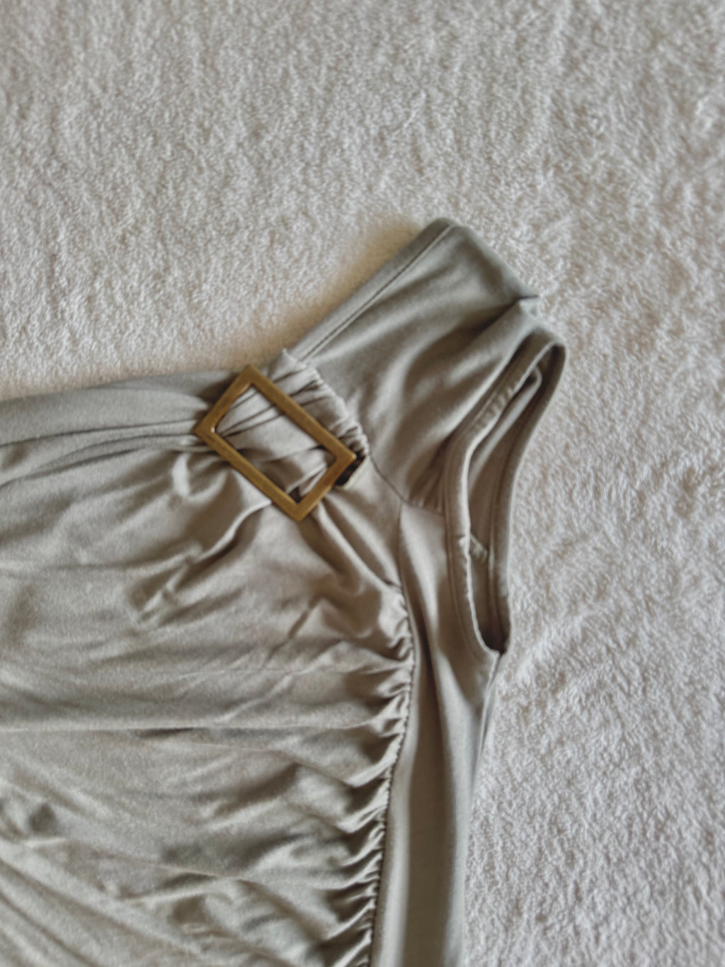y2k vintage khaki green ruched fitted off shoulder fitted top with golden buckle detail
