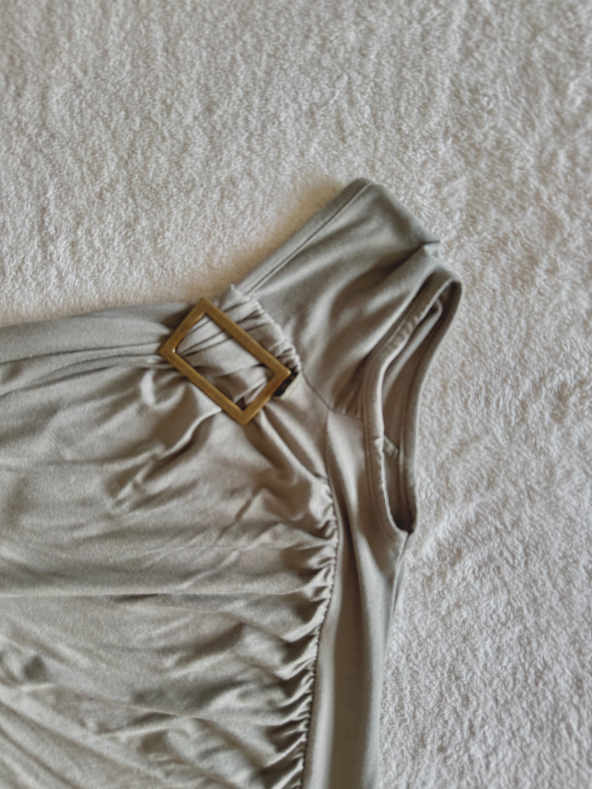 y2k vintage khaki green ruched fitted off shoulder fitted top with golden buckle detail