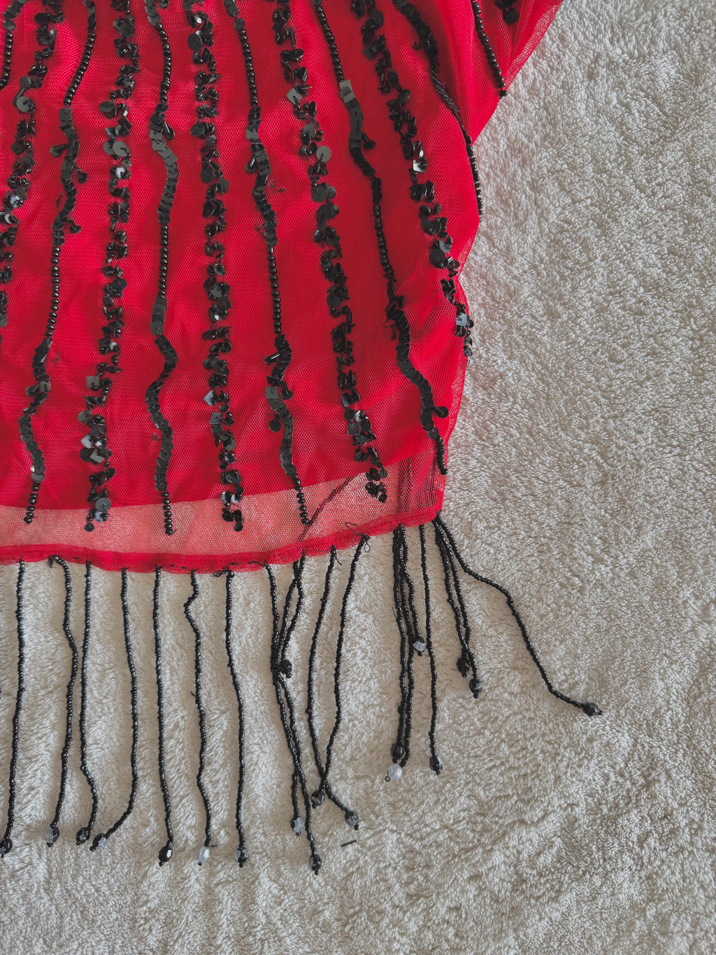y2k vintage red fitted mesh cami top with black dangle beading and sequin embroidery