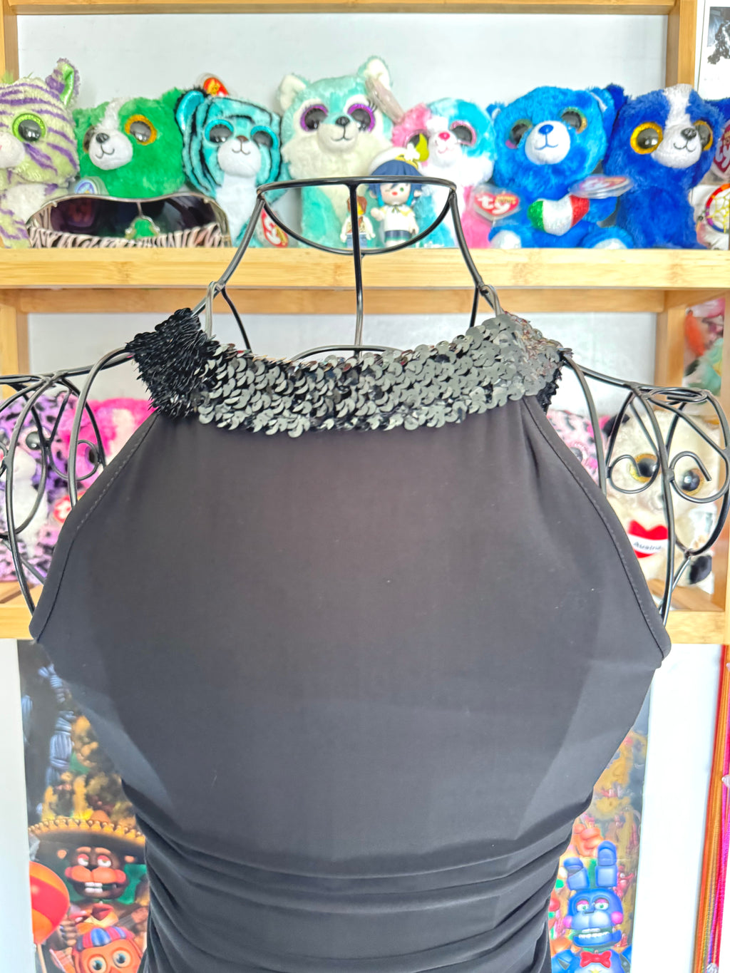 y2k vintage black slinky ruched ruffled vneck top with sequins