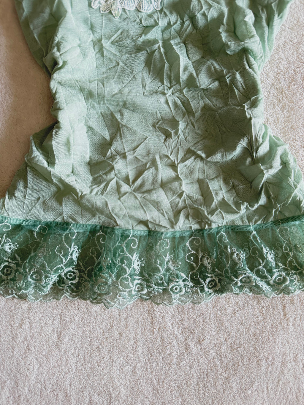 y2k vintage pale sage green mesh fitted cami top with lace trim and beaded chain straps