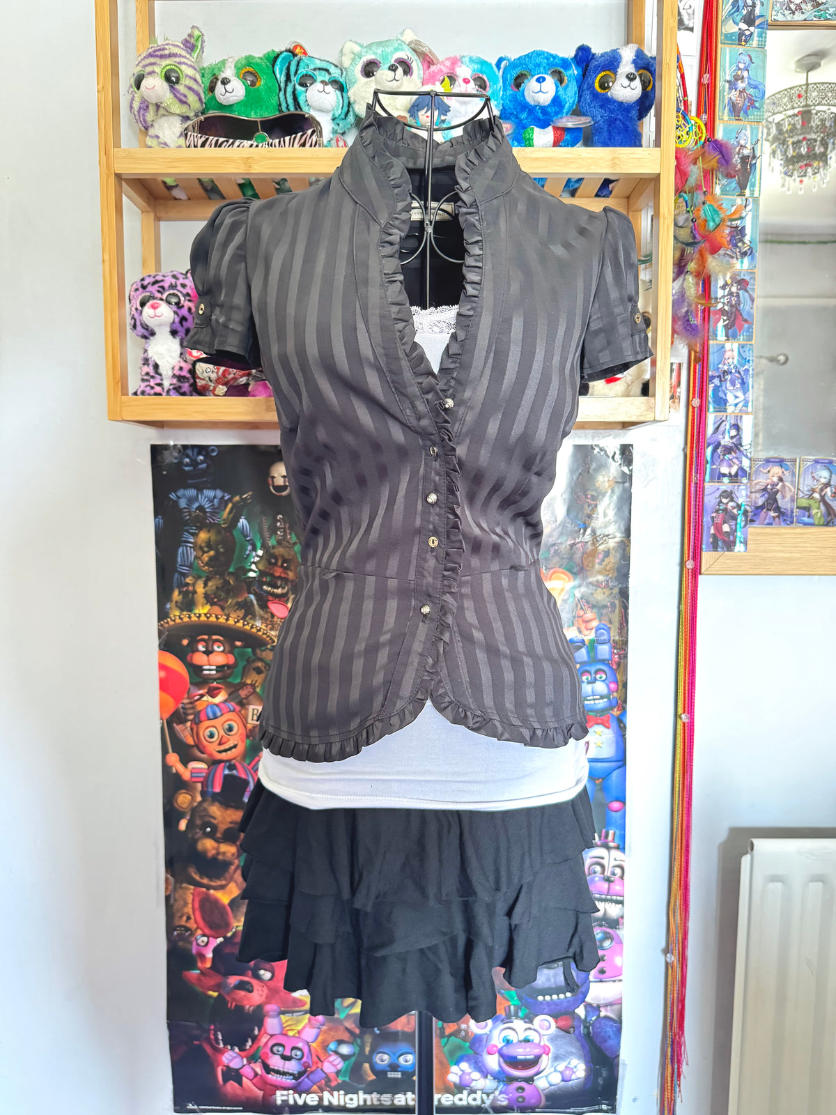 y2k vintage pinstripe fitted button up cap sleeve blouse officecore office siren