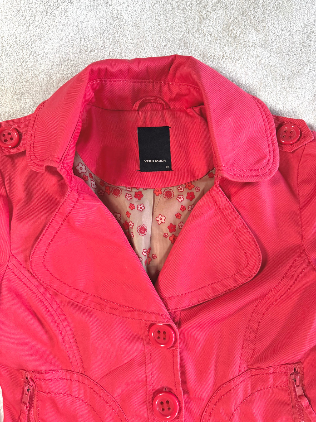 y2k vintage coral red fitted bomber jacket peacoat with zip pockets and chunky buttons