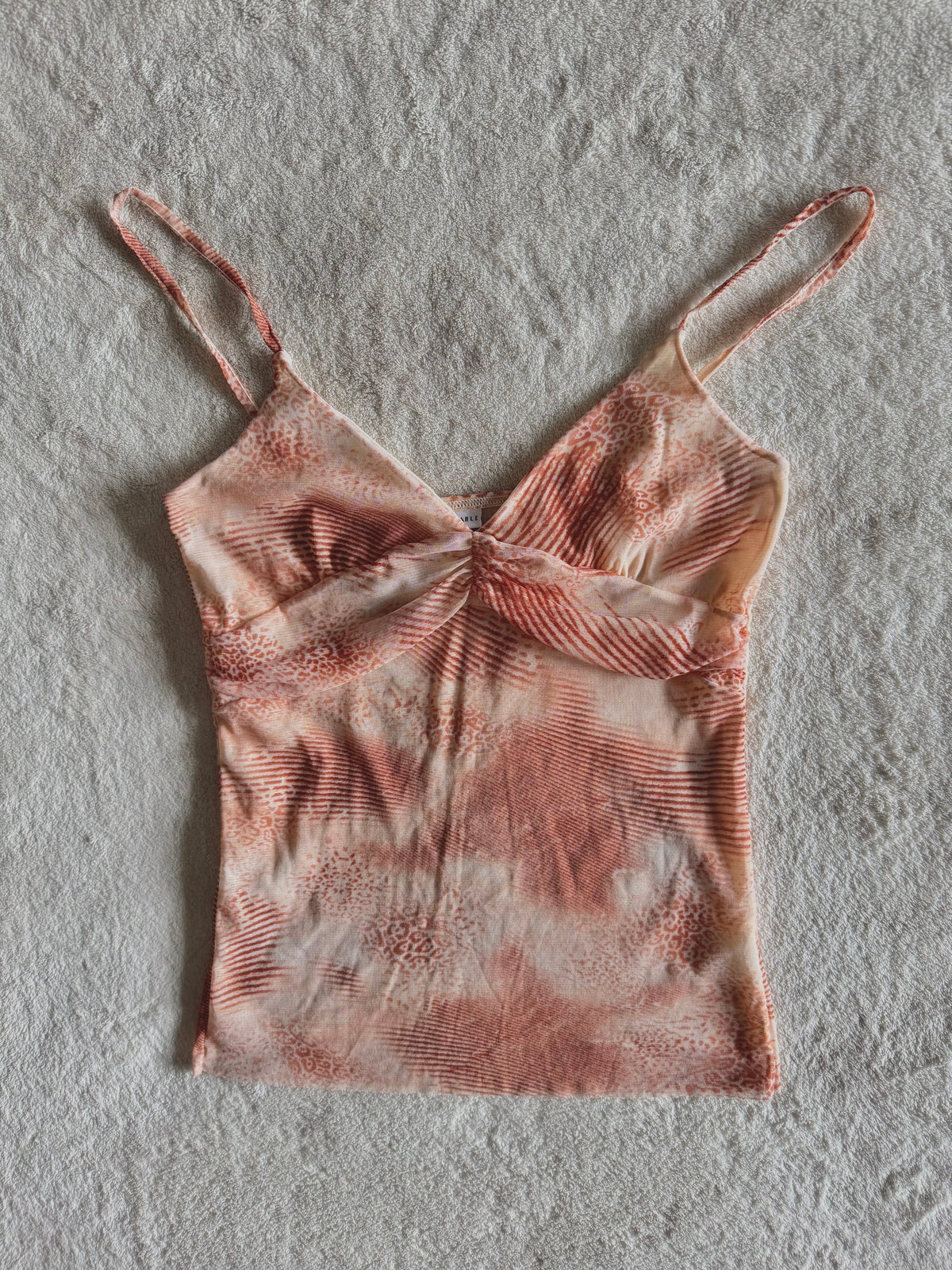 y2k vintage sheer mesh leopard print pink and tan cropped fitted cami top summer festival