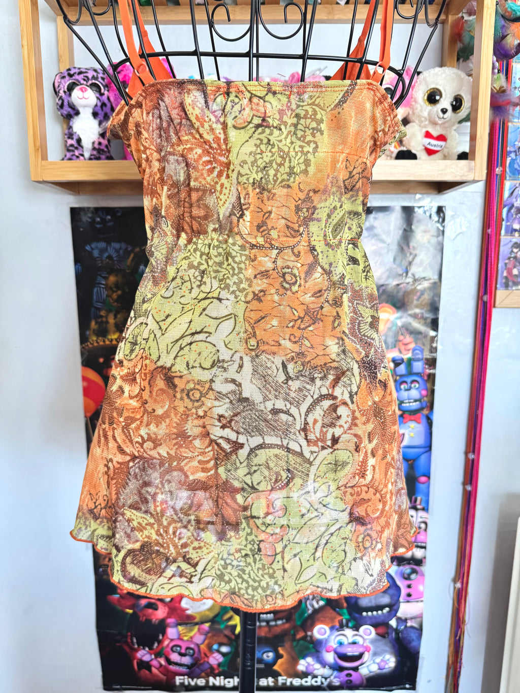 y2k vintage mesh ruffled orange and green floral autumnal cami top