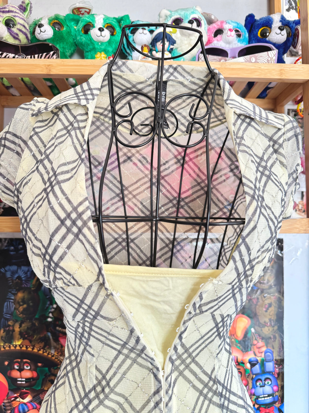 y2k vintage plaid print glittery tie back fitted blouse with built-in cami under