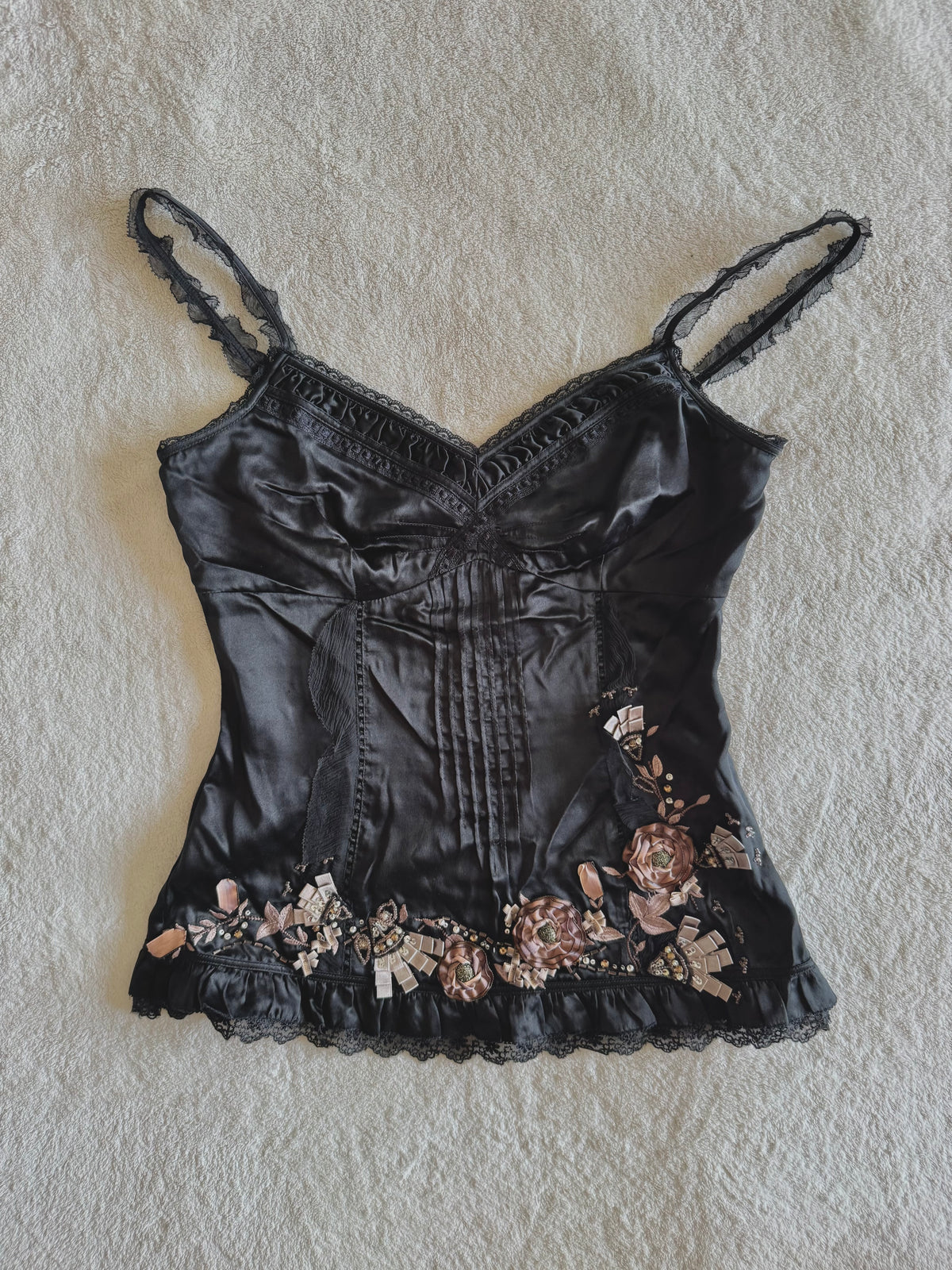 y2k vintage silk co-ord cami top and mini skirt with 3D blossoms embellished