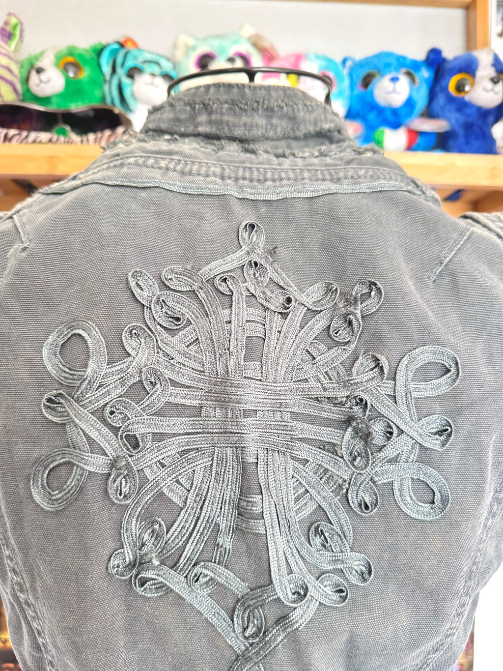 y2k vintage blueish grey denim distressed military inspired hook up waistcoat steampunk