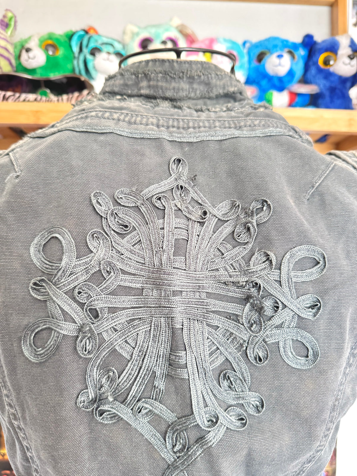 y2k vintage blueish grey denim distressed military inspired hook up waistcoat steampunk