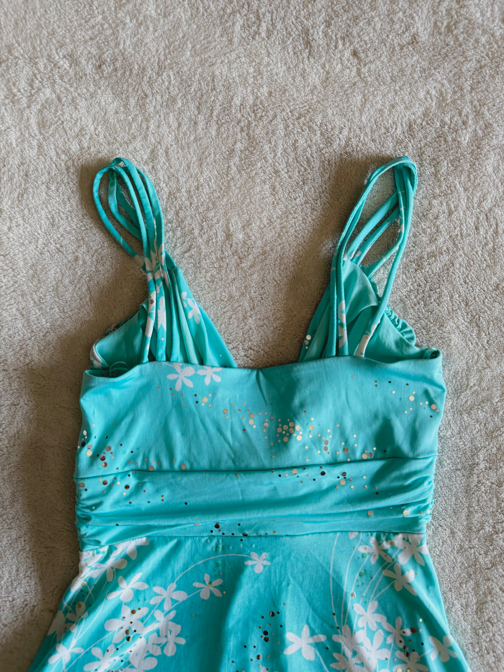 y2k vintage turquoise blue floral slinky fitted cami top with sequins